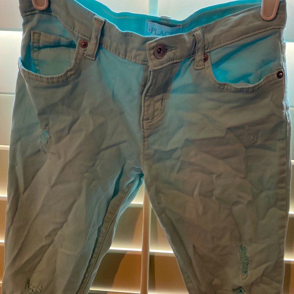 Light teal adjustable waist cotton blend jeans